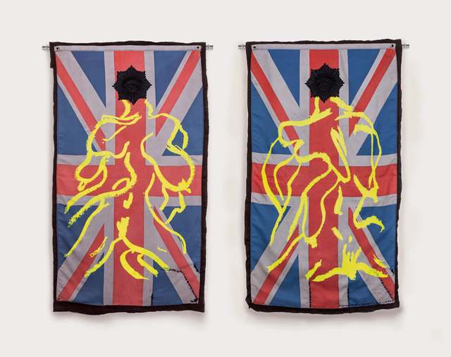 Henry Hussey, ‘The Best And Worst Parts Of Ourselves (Diptych)’, 2019, Painting, Screen-Printed Flag, Dyed Linen, Dyed Yarn, Embroidery, Anima Mundi