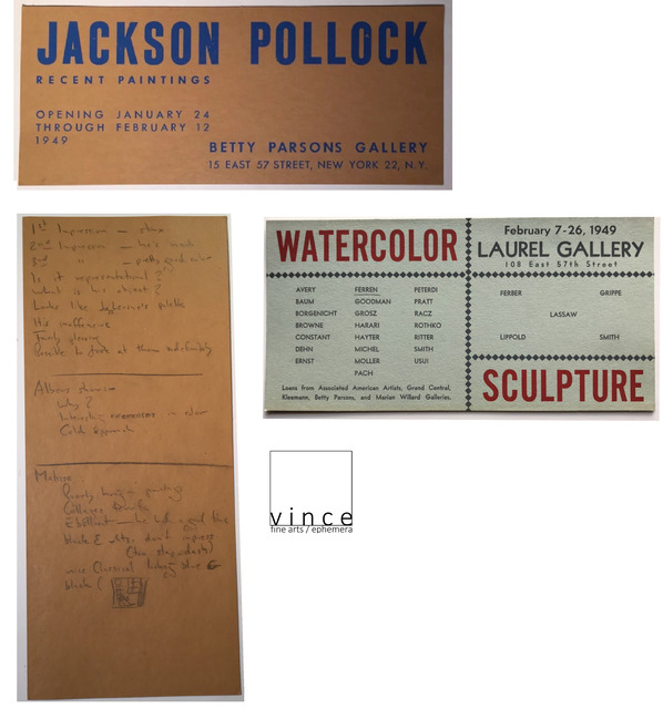 Jackson Pollock, ‘2 PIECE SET- "Jackson Pollock", 1949, Invitation Card, Betty Parsons Gallery NYC & "Watercolor Sculpture", 1949, Group Show Invite’, 1949, VINCE fine arts/ephemera