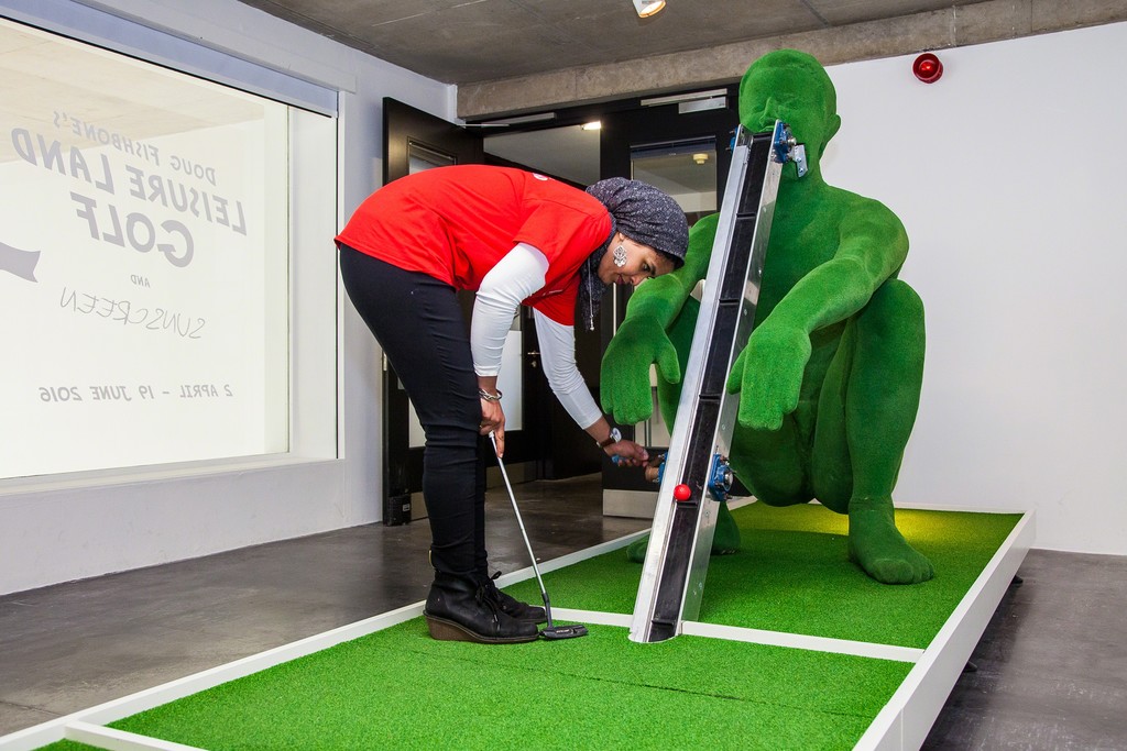 Installation view of "Doug Fishbone's Leisure Land Golf" at New Art Exchange, Nottingham (2016) Photo by Bartosz Kali Installation view of "Doug Fishbone's Leisure Land Golf" at New Art Exchange, Nottingham (2016) Photo by Bartosz Kali