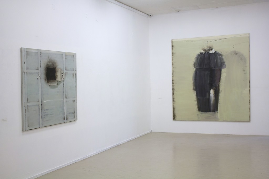Fragment of exhibition "Družba".
On the left: Jonas Gasiūnas, CASH DESK. 2018. Oil and charcoal (from candle smoke) on canvas, 129 x 143 cm.
On the right: Jonas Gasiūnas, A SCHOOL DRESS. 2017. Oil and charcoal (from candle smoke) on canvas, 230 x 210 cm. Fragment of exhibition "Družba".
On the left: Jonas Gasiūnas, CASH DESK. 2018. Oil and charcoal (from candle smoke) on canvas, 129 x 143 cm.
On the right: Jonas Gasiūnas, A SCHOOL DRESS. 2017. Oil and charcoal (from candle smoke) on canvas, 230 x 210 cm.