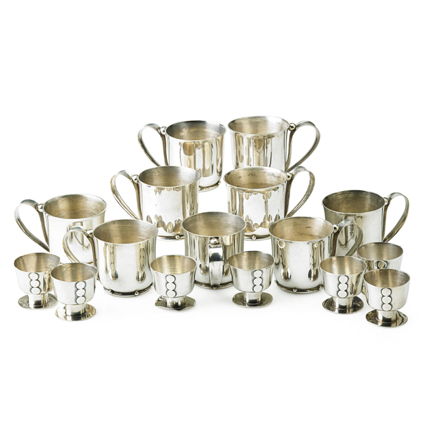 William Spratling, ‘Nine Assembled Handled Cups And Set Of Seven Liqueur Cups, Taxco, Mexico’, 1950s-60s, Rago/Wright