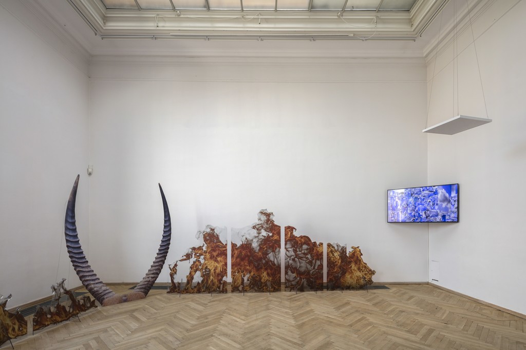 Katja Novitskova, "Expansion Curves (fire worship, purple horns)", 2016 et. al. Installation view, ‘Welcome Too Late’, Kunsthal Charlottenborg, 2017. Photo by Anders Sune Berg. Katja Novitskova, "Expansion Curves (fire worship, purple horns)", 2016 et. al. Installation view, ‘Welcome Too Late’, Kunsthal Charlottenborg, 2017. Photo by Anders Sune Berg.