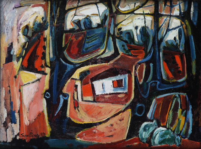 Cheong Soo Pieng, ‘Malay Village’, 1957, Painting, Oil on canvas laid on board, Artcommune Gallery