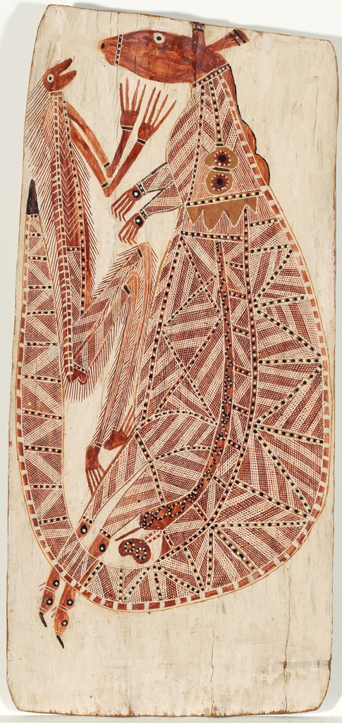 YIRAWALA (c.1901 - 1976)
Kundaagi - Red Plains Kangaroo 1962,
natural earth pigments on Eucalyptus bark
103.00 (H) x 47.00 (W)
National Gallery of Australia, Canberra
© the estate of artist, Licensed by the Aboriginal Artists Agency Ltd
YIRAWALA (c.1901 - 1976)
Kundaagi - Red Plains Kangaroo 1962,
natural earth pigments on Eucalyptus bark
103.00 (H) x 47.00 (W)
National Gallery of Australia, Canberra
© the estate of artist, Licensed by the Aboriginal Artists Agency Ltd