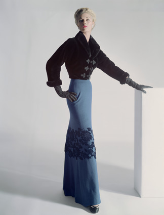 Horst P. Horst, ‘Model Jean Patchett in a sealskin Mainbocher Jacket and floor-length skirt with velvet flowers at the knee, Vogue’, 1951, Bernheimer Fine Art