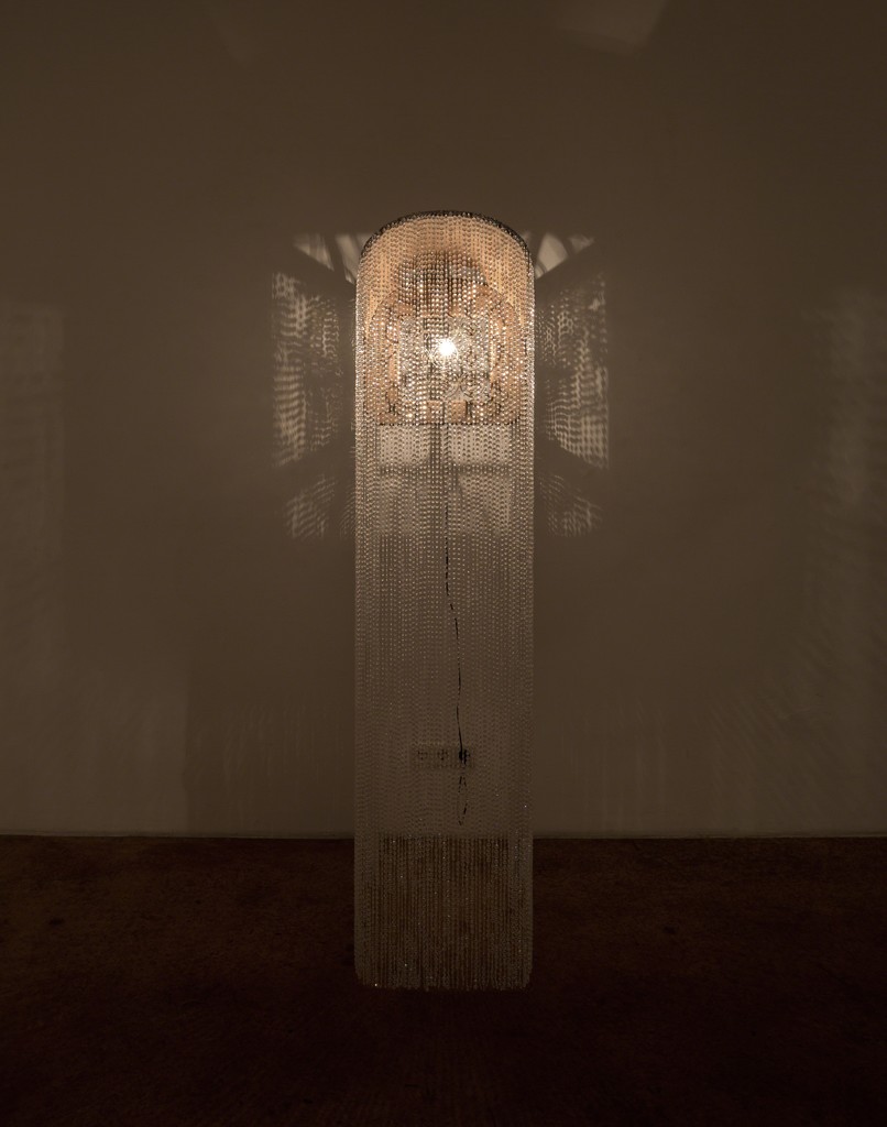 The Fitting Room, 2018, Sculpture/Performance/Installation, Un upholstered chair with light fixture and wedding beads, 46 x 48 x 209 cm The Fitting Room, 2018, Sculpture/Performance/Installation, Un upholstered chair with light fixture and wedding beads, 46 x 48 x 209 cm
