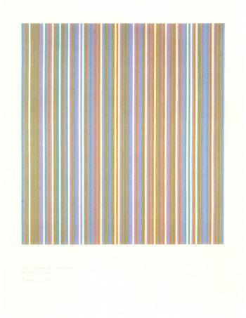 Bridget Riley - Three colours, blue, yellow and turquoise precipitating magenta