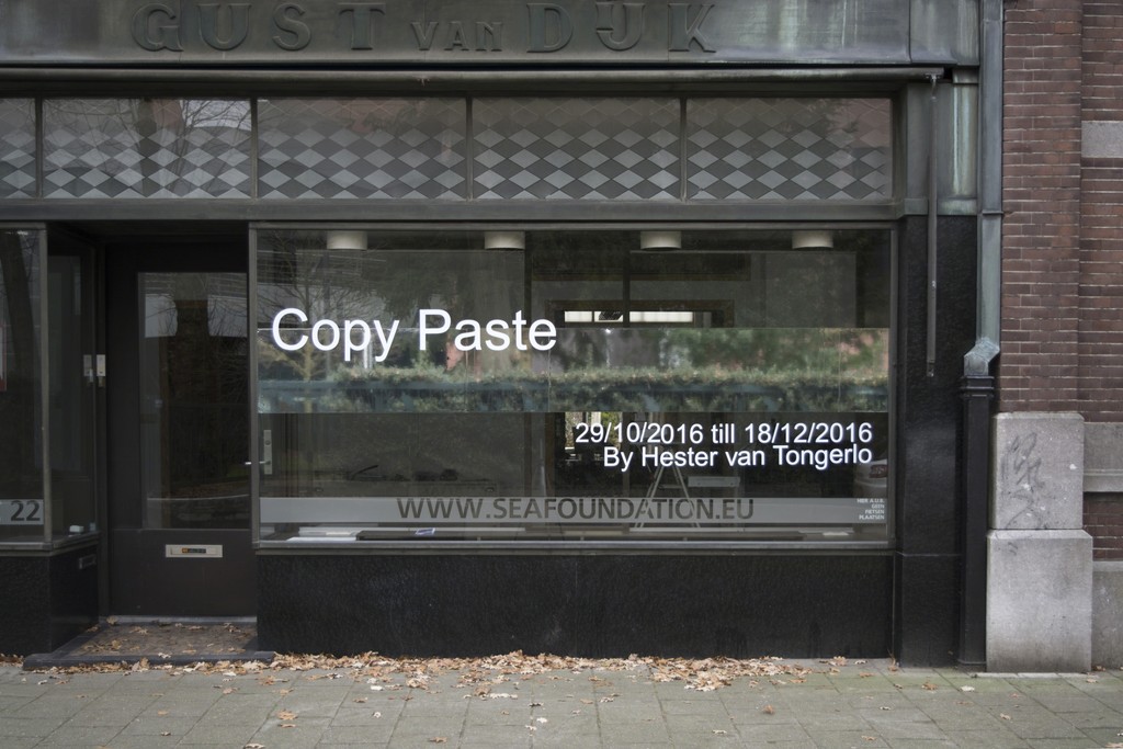 Window shot of SEA Foundation Project Space Tilburg, with the announcement of Hester van Tongerlo's solo exhibition Copy Paste. Read more about Hester's residency and this exhibition: http://www.seafoundation.eu/hester-tongerlo-artist-residence-1/ Window shot of SEA Foundation Project Space Tilburg, with the announcement of Hester van Tongerlo's solo exhibition Copy Paste. Read more about Hester's residency and this exhibition: http://www.seafoundation.eu/hester-tongerlo-artist-residence-1/