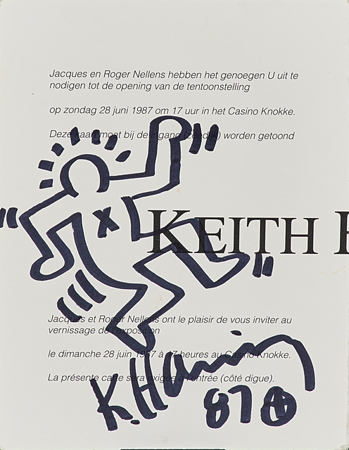 Keith Haring, ‘Marker on invitation card created the evening opening of the Keith Haring permanent mural at Casino Knokke, Belgium, Sunday, June 28, 1987’, 1987, Rago/Wright