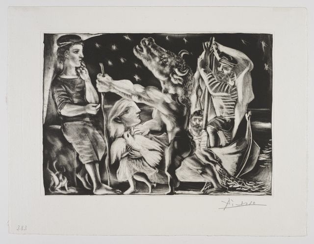 Pablo Picasso, ‘'Minotaure aveugle guidé par Marie-Thérèse au Pigeon dans une Nuit étoilée' from the 'Suite Vollard'’, 1934, Drawing, Collage or other Work on Paper, Aquatint, scraper, burnisher and burin, Frederick Mulder