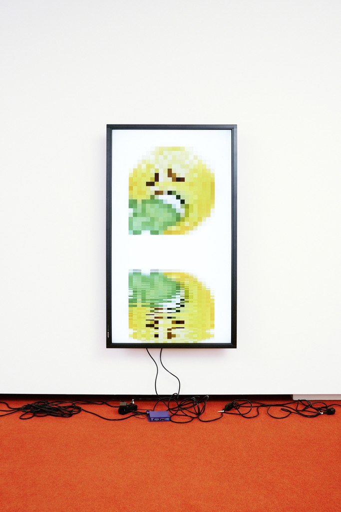Vomit / Lakes, 2015
1920x1080 H.264/MPEG-4 Part 10 looped digital
file (from lossless Quicktime Animation master),
media player, 70” flatscreen, armature, various
cables
79 x 36.5 x 11 in
Courtesy of the artist and Espace Louis Vuitton
München
Photo: Christian Kain
Vomit / Lakes, 2015
1920x1080 H.264/MPEG-4 Part 10 looped digital
file (from lossless Quicktime Animation master),
media player, 70” flatscreen, armature, various
cables
79 x 36.5 x 11 in
Courtesy of the artist and Espace Louis Vuitton
München
Photo: Christian Kain