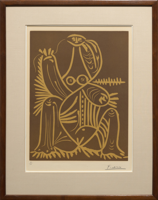 Pablo Picasso, ‘Femme Assise en Pyjama de Plage (Jacques Prévert et André VIllers, Diurnes: découpages et photographies)’, 1962, Print, Linoleum cut in color on Arches wove paper, Heather James Fine Art Gallery Auction