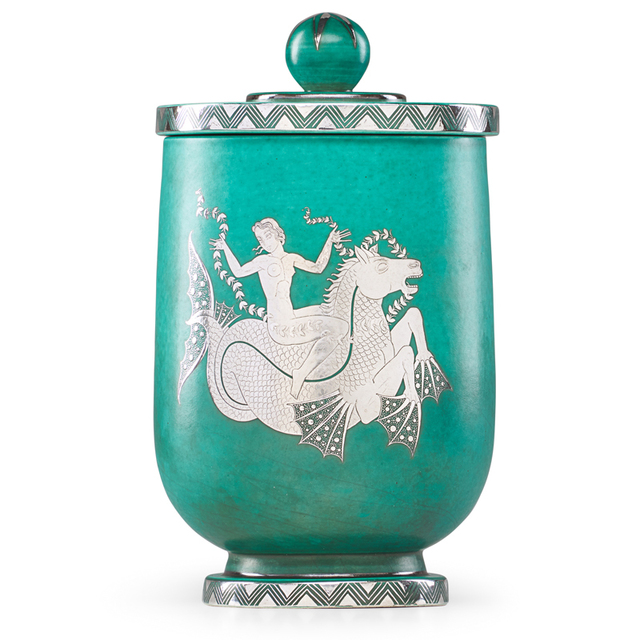 Wilhelm Kåge, ‘Argenta lidded vessel with nude riding a seahorse, Sweden’, 1944, Design/Decorative Art, Glazed stoneware, silver inlay, Rago/Wright