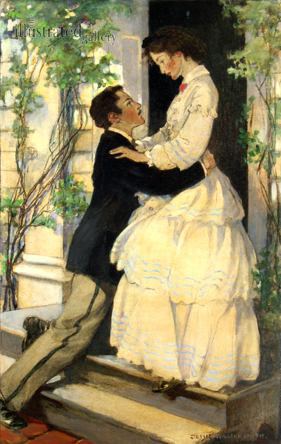 JESSIE WILLCOX SMITH, ‘"Men Kneeling to Woman in Flounced Dress" Page 299’, 1926, Painting, Charcoal, Watercolor and Oil on Board, The Illustrated Gallery