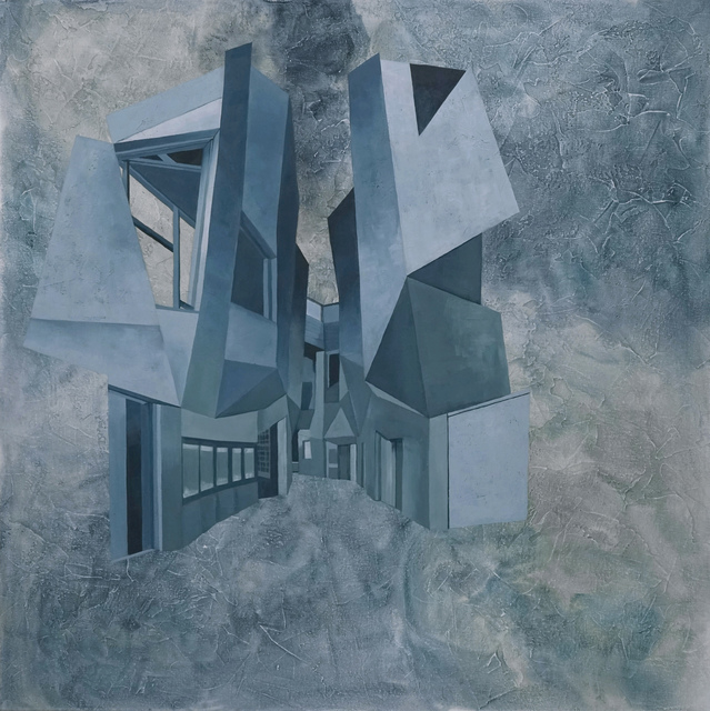 Cecilia Villanueva, ‘Chiaki Arai Void, Architecture blueprint, perspective, blue and white softones, texture like watercolor, postmodern, conceptual art, geometric design’, 2017, Painting, Oil on canvas, Archway Gallery