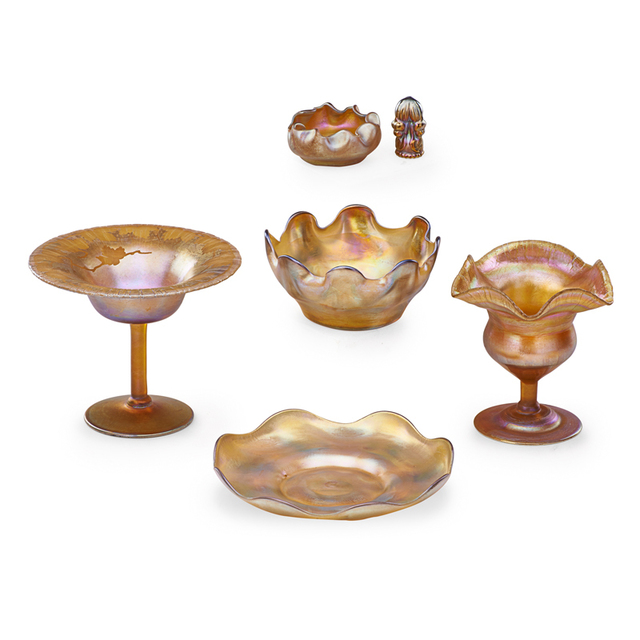 Tiffany Studios, ‘Six Gold Favrile Pieces, Two Footed Coupes, Small Bowl, Plate, Salt, New York’, Early 20th C., Rago/Wright