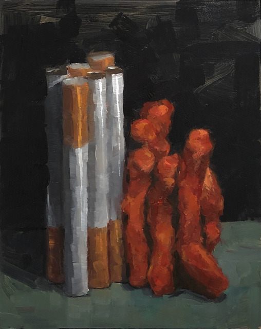 Tom Giesler, ‘Smoke and Flamin’ #1: cigarettes and flamin’ hot cheetos’, 2019, Painting, Oil on panel, McVarish Gallery