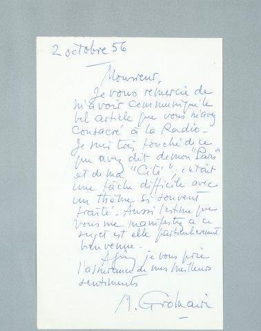 Marcel Gromaire, ‘Letter handwritten by Marcel Gromaire to André Saulnier with text mentioning "his Paris and his city"’, Other, Letter handwritten, DIGARD AUCTION
