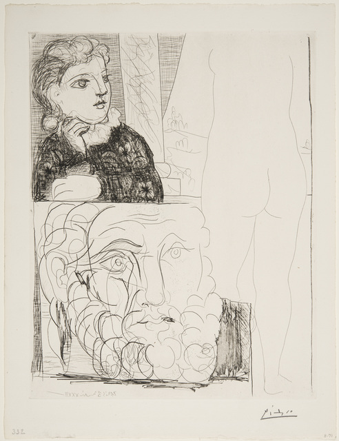 Pablo Picasso, ‘Woman Leaning on her Elbow, Sculpture Viewed from the Rear and Bearded Head’, May 4-1933, Print, Etching, Museum of Fine Arts, Boston