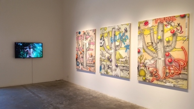 Zackary Drucker and Juan Pablo Echeverri videos (left), Josh Reames paintings, installation view Ha Ha! Business! Zackary Drucker and Juan Pablo Echeverri videos (left), Josh Reames paintings, installation view Ha Ha! Business!