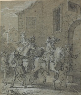 Jean-Baptiste Oudry, ‘L'Arrivee de l'Operateur dans l'hotellerie’, 1727, Drawing, Collage or other Work on Paper, Black chalk heightened with white chalk on blue laid paper, National Gallery of Art, Washington, D.C.