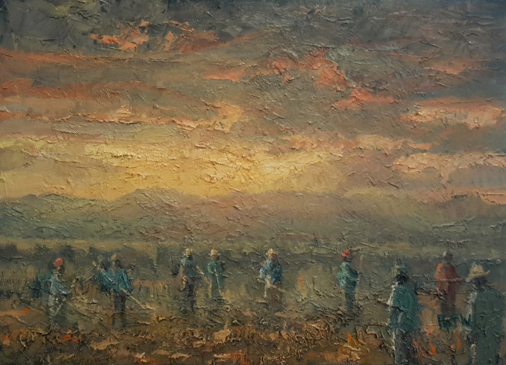 Pip Todd-Warmoth - Working in the Fields, Tibet, oil on board, 36 x 50 cm Pip Todd-Warmoth - Working in the Fields, Tibet, oil on board, 36 x 50 cm