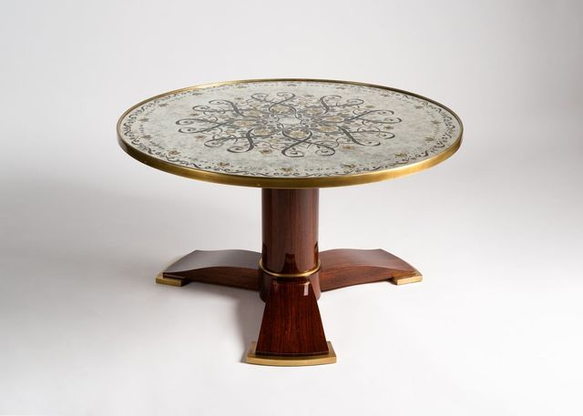 Jules Leleu, ‘Coffee Table with Tripod Base’, ca. 1930s, Design/Decorative Art, Blond mahogany with gilt-bronze sabots and Verre Eglomisee top, Maison Gerard