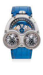 A fine and rare titanium three-dimensional wristwatch with inverted movement, minutes and hours revolving domes complication, date ring, International Warranty and presentation box