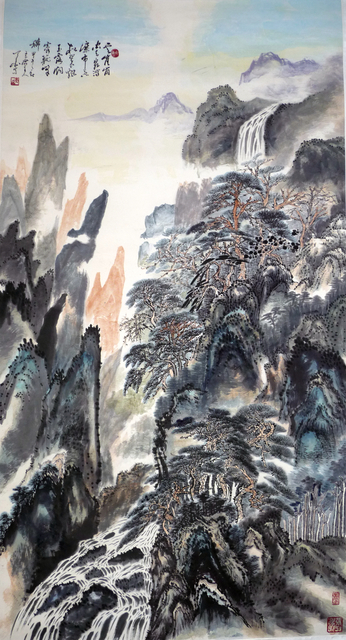 Zhang Yanyun, ‘Spring of clouds and green pines 云泉松翠图 ’, 2014, Drawing, Collage or other Work on Paper, Ink and colour on paper, Tian Bai Calligraphy and Painting (天白書畫)