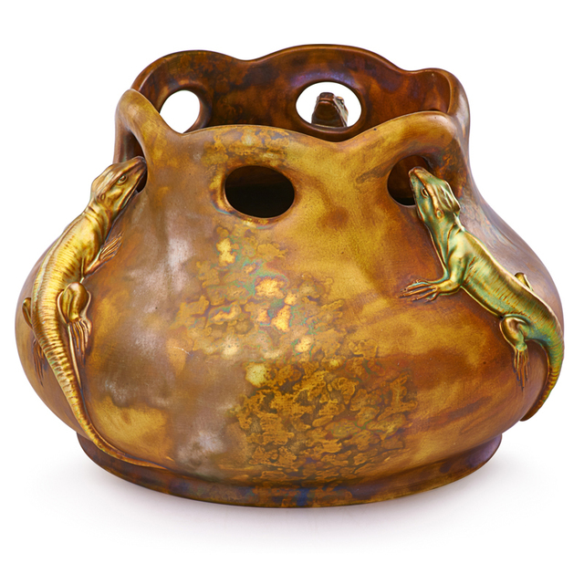 Zsolnay, Pècs Factory, ‘Large Vessel With Lizards And Cut-Out Rim, Pecs, Hungary’, ca. 1900, Rago/Wright