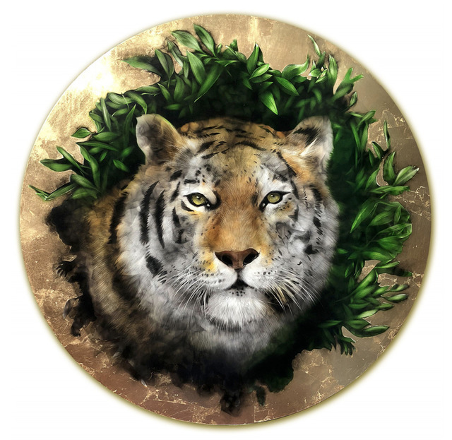 Steven Spazuk, ‘Biophilia Tiger’, 2018, Mixed Media, Acrylic paint, gold leaf and soot from fire on gessoed panel, Adelson Galleries