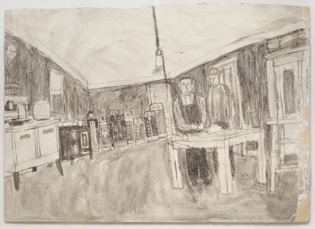 James Castle, ‘Untitled (Kitchen interior with figures; verso: house in color)’, n.d., Fleisher/Ollman