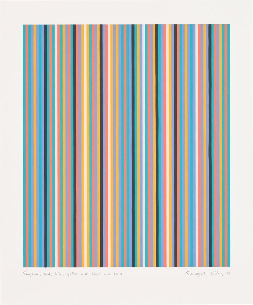 Bridget Riley - Turquoise, red, blue, yellow with black and white