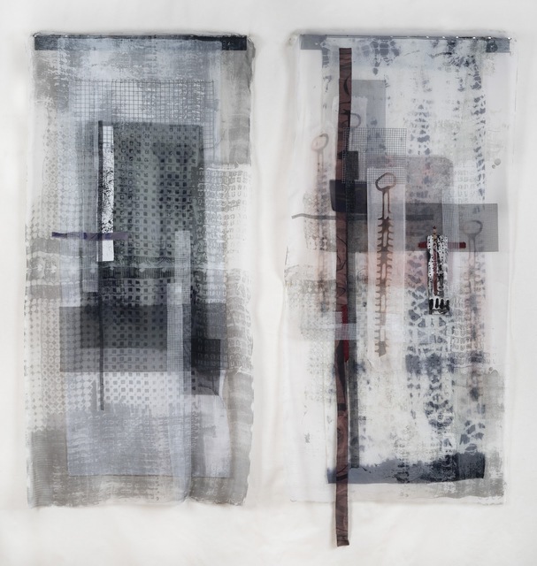 Dianne Koppisch Hricko, ‘Dusk to Dawn’, 2018, Mixed Media, Diptych made from silk, cotton, linen, wire mesh, plastic mesh, mx dyes, discharged, steel angle iron, magnets, InLiquid
