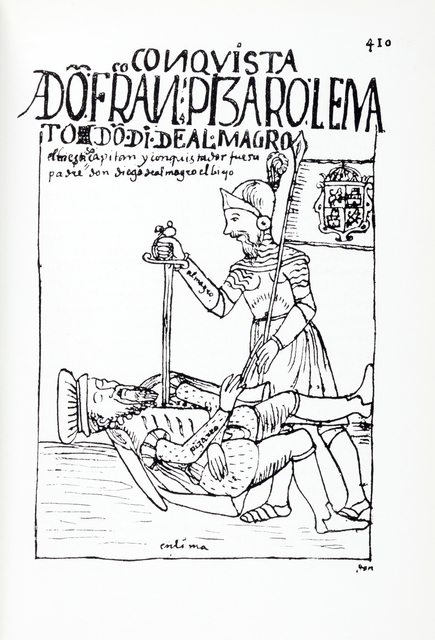 Guaman Poma, ‘Don Francisco Pizarro est tué par Don Diego de Almagro le jeune (Don Francisco Pizarro gets killed by Don Diego de Almagro the Younger)’, 1615, Musée du quai Branly