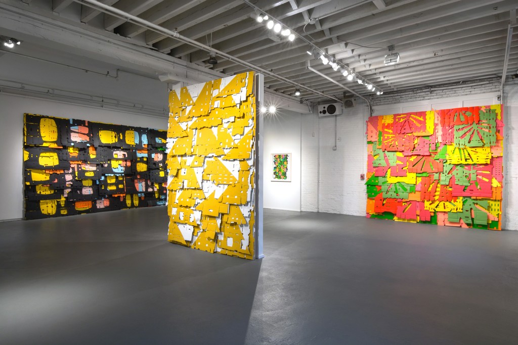 Three wall installations and a sewn gouache collage in FLIP YA LID. Three wall installations and a sewn gouache collage in FLIP YA LID.