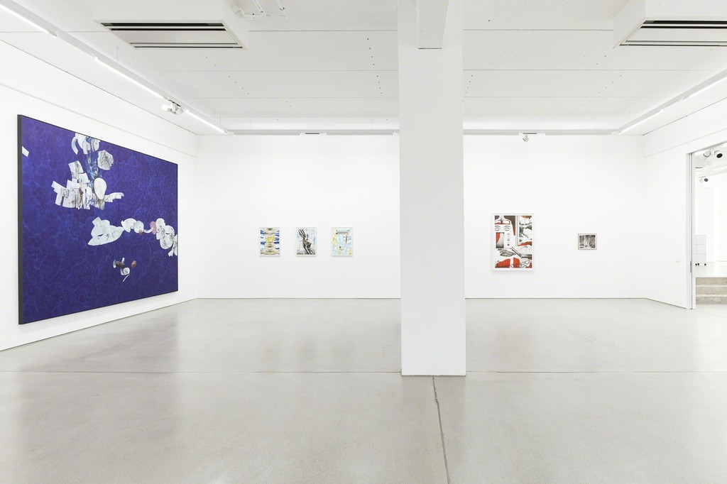 Installation view of the two person show "Through a Glass, Clearly" by Sebastian Burger and Stefan Guggisberg, G2 Kunsthalle, Leipzig (Germany), September 9, 2016 – January 15, 2017, left/right: "Nabel" (2016, 300 x 370 cm) and "Konstellation" (2015, 35 x 42) by Stefan Guggisberg, centre: "Rivo", "Ocmas", "Magill", "Motel John Lykes" (all: 2016) by Sebastian Burger (all works: oil on paper), photo: Dotgain © the artists & G2 Kunsthalle, Leipzig. Installation view of the two person show "Through a Glass, Clearly" by Sebastian Burger and Stefan Guggisberg, G2 Kunsthalle, Leipzig (Germany), September 9, 2016 – January 15, 2017, left/right: "Nabel" (2016, 300 x 370 cm) and "Konstellation" (2015, 35 x 42) by Stefan Guggisberg, centre: "Rivo", "Ocmas", "Magill", "Motel John Lykes" (all: 2016) by Sebastian Burger (all works: oil on paper), photo: Dotgain © the artists & G2 Kunsthalle, Leipzig.
