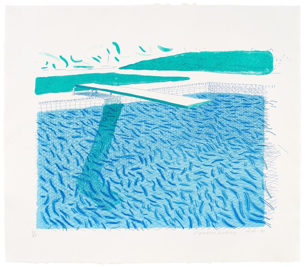 David Hockney - Lithographic Water Made of Lines, Crayon, and a Blue Wash