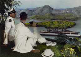 Lejaren à Hiller, ‘Naval officer and young man on hillside with binoculars, overlooking battleship in bay below’, 1950, George Eastman Museum