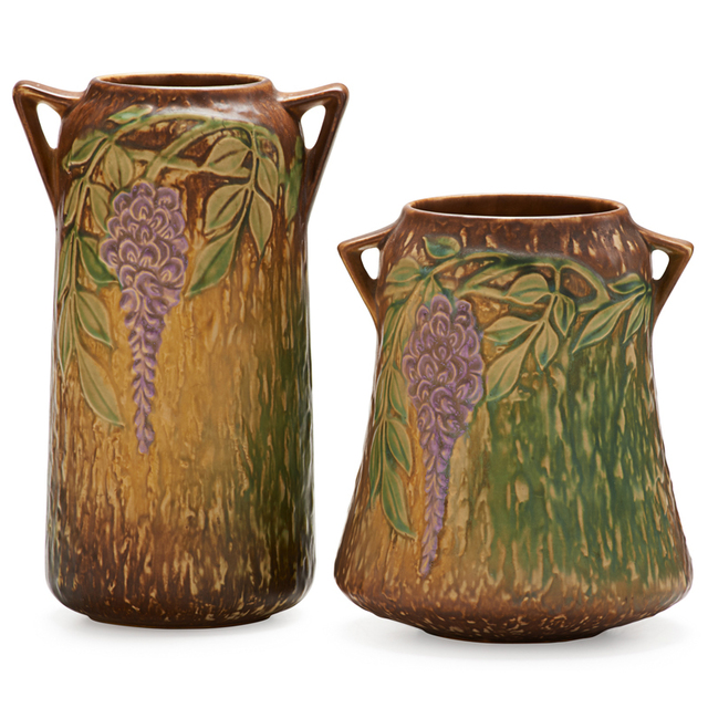 Roseville Pottery, ‘Two Brown Wisteria Vases, One 8" and one 10", Zanesville, OH’, 1933, Rago/Wright