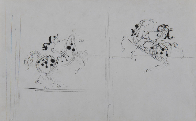 Salvador Dalí, ‘Deux cavaliers’, ca. 1938, Drawing, Collage or other Work on Paper, Pen and ink on paper laid down on cardboard, BAILLY GALLERY