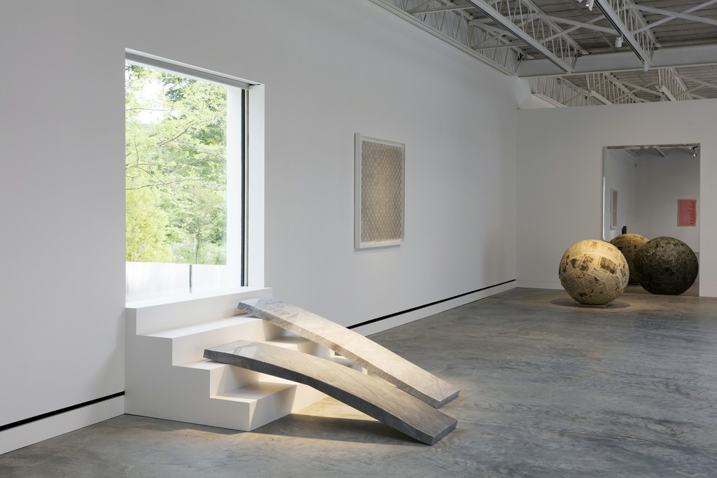 Installation view, Margherita Stein: Rebel With a Cause, Magazzino Italian Art. Luciano Fabro, Due nudi che scendono le scale, 1967-1989; Alighiero Boetti, Caterina e Alighiero, 1989; Michelangelo Pistoletto, Sfera di giornali, 1966-1966. Photograph by Marco Anelli © 2017. Installation view, Margherita Stein: Rebel With a Cause, Magazzino Italian Art. Luciano Fabro, Due nudi che scendono le scale, 1967-1989; Alighiero Boetti, Caterina e Alighiero, 1989; Michelangelo Pistoletto, Sfera di giornali, 1966-1966. Photograph by Marco Anelli © 2017.