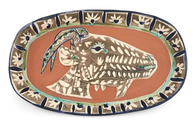 Pablo Picasso, ‘Tête De Chevre De Profil (Alain Ramié 146)’, 1952, Design/Decorative Art, Painted and partially glazed red ceramic plate, Doyle