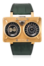 A rare and unusual pink gold rectangular jump hour wristwatch with retrograde minutes and date, bi-hemisphere moon phase and presentation box.