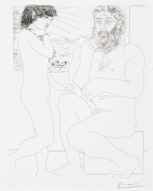 Pablo Picasso, ‘Sculpteur songeant, modèle aux cheveux noirs et bol avec trois anémones, from La Suite Vollard’, 1933, Print, Etching, on Montval paper, Christie's
