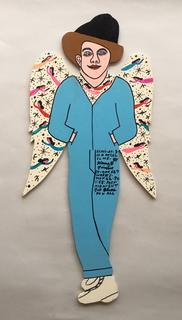 Howard Finster, ‘Elvis at 3 Angel (with Angels on Wings) 24” h x 11” w’, 1990, Sculpture, Enamel and marker on wood, Beatrice Wood Center for the Arts