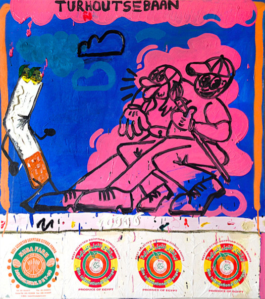 Thom Trojanowski Hobson, ‘Fags on Turnhoutsebaan’, 2016, Painting, Oil paint, spray paint, lemon and orange wrappers on canvas, The Dot Project
