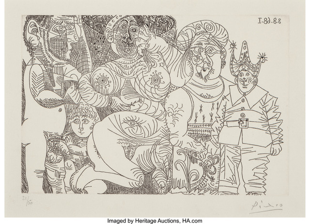 Pablo Picasso, ‘Femme au Chapeau et à oeillet, avec homme enturbanne, clown, putto at spectateur’, 1968, Heritage Auctions