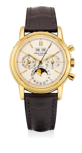 Patek Philippe, ‘A very fine and rare yellow gold perpetual calendar chronograph wristwatch with moon phases, 24 hours, leap year indicator and sapphire crystal case back’, 1987, Fashion Design and Wearable Art, 18K yellow gold, Phillips