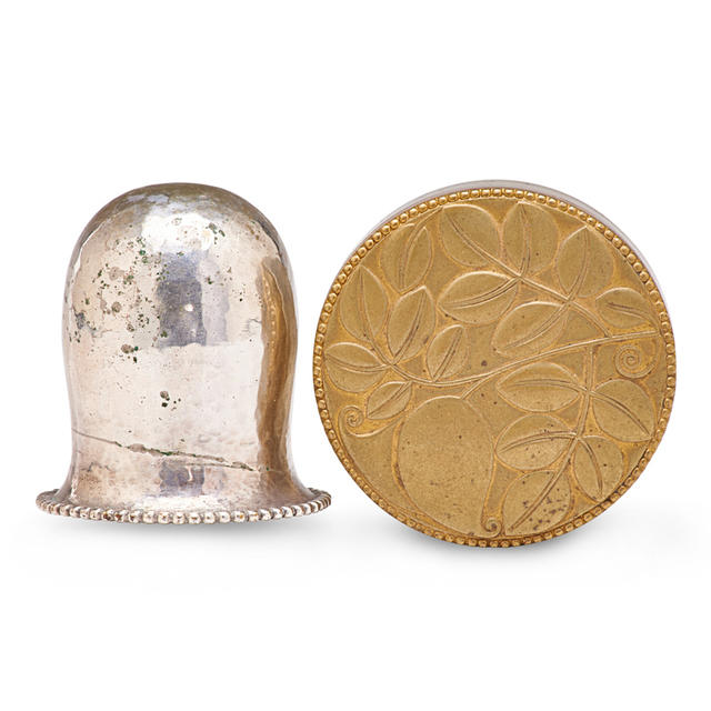Josef Hoffmann, ‘Lidded Box And Bottle Top, Austria’, 1920s, Design/Decorative Art, Brass, Silverplate, Cork, Rago/Wright
